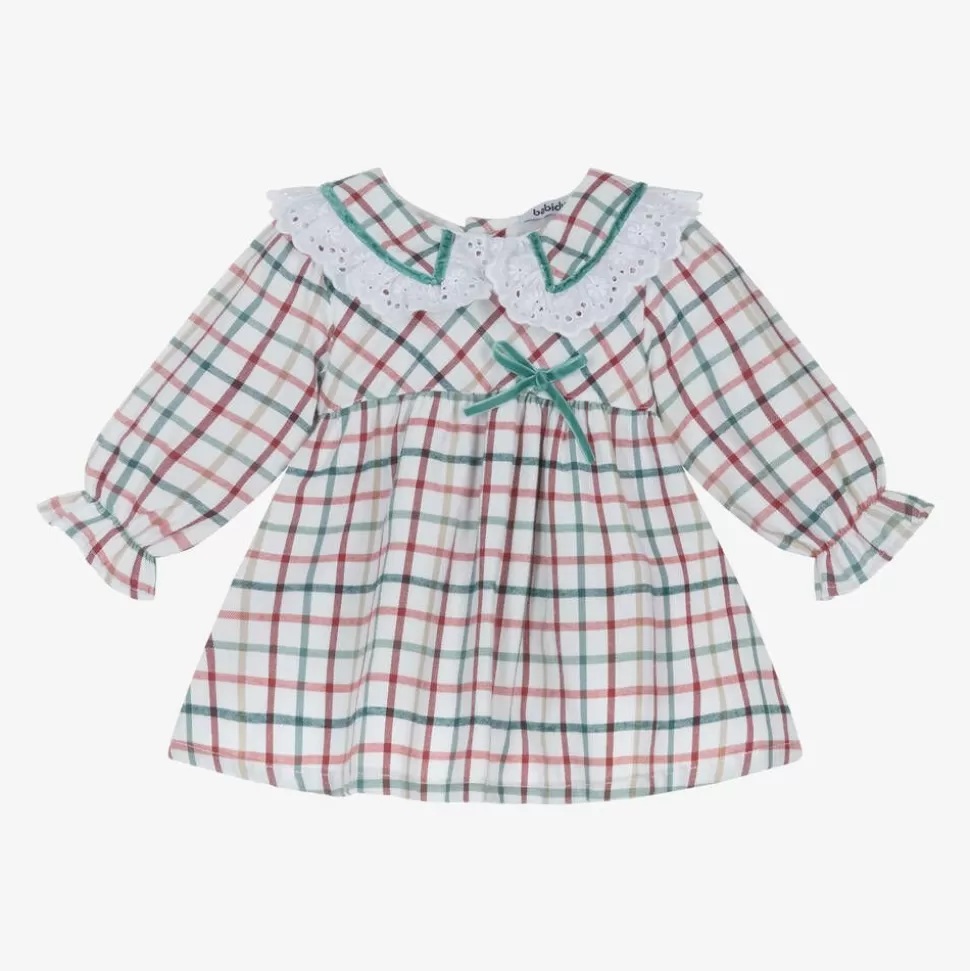 Babidu Baby Girls White Cotton Checked Dress^ Dresses
