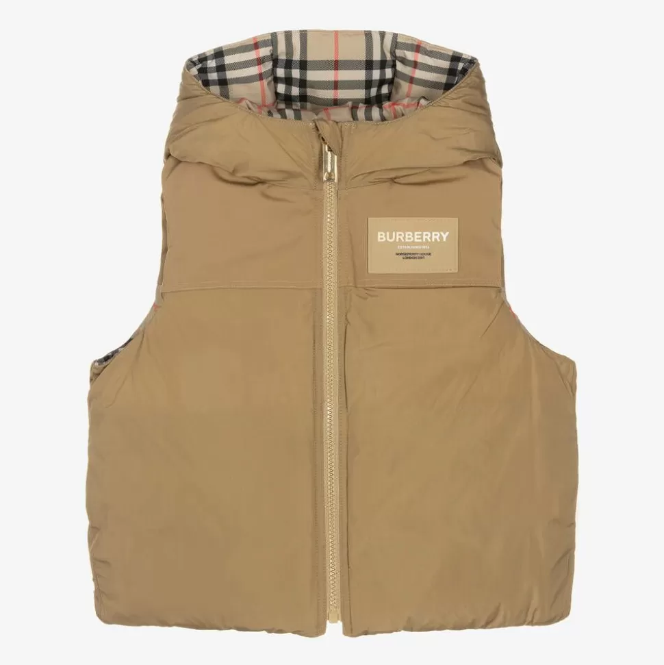 Burberry Beige Check Reversible Down Gilet^BOY Coats & Jackets