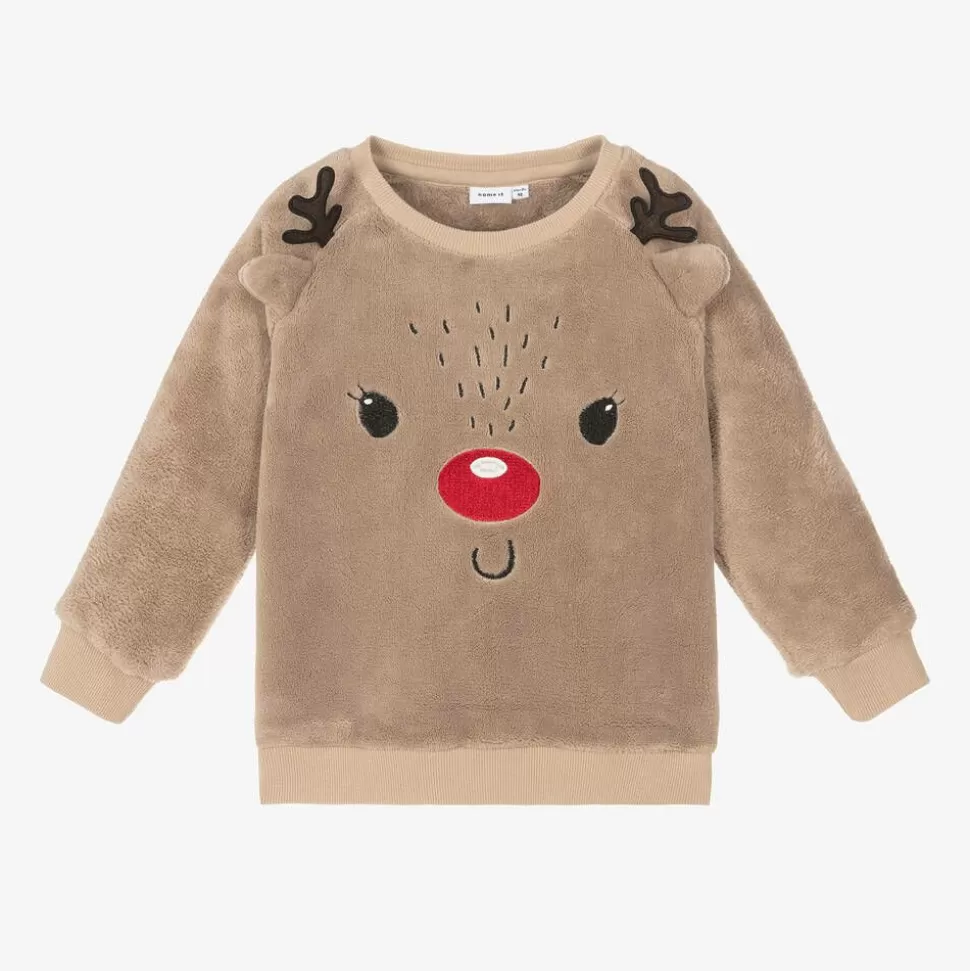 NAME IT Beige Reindeer Fleece Sweatshirt^ Tops
