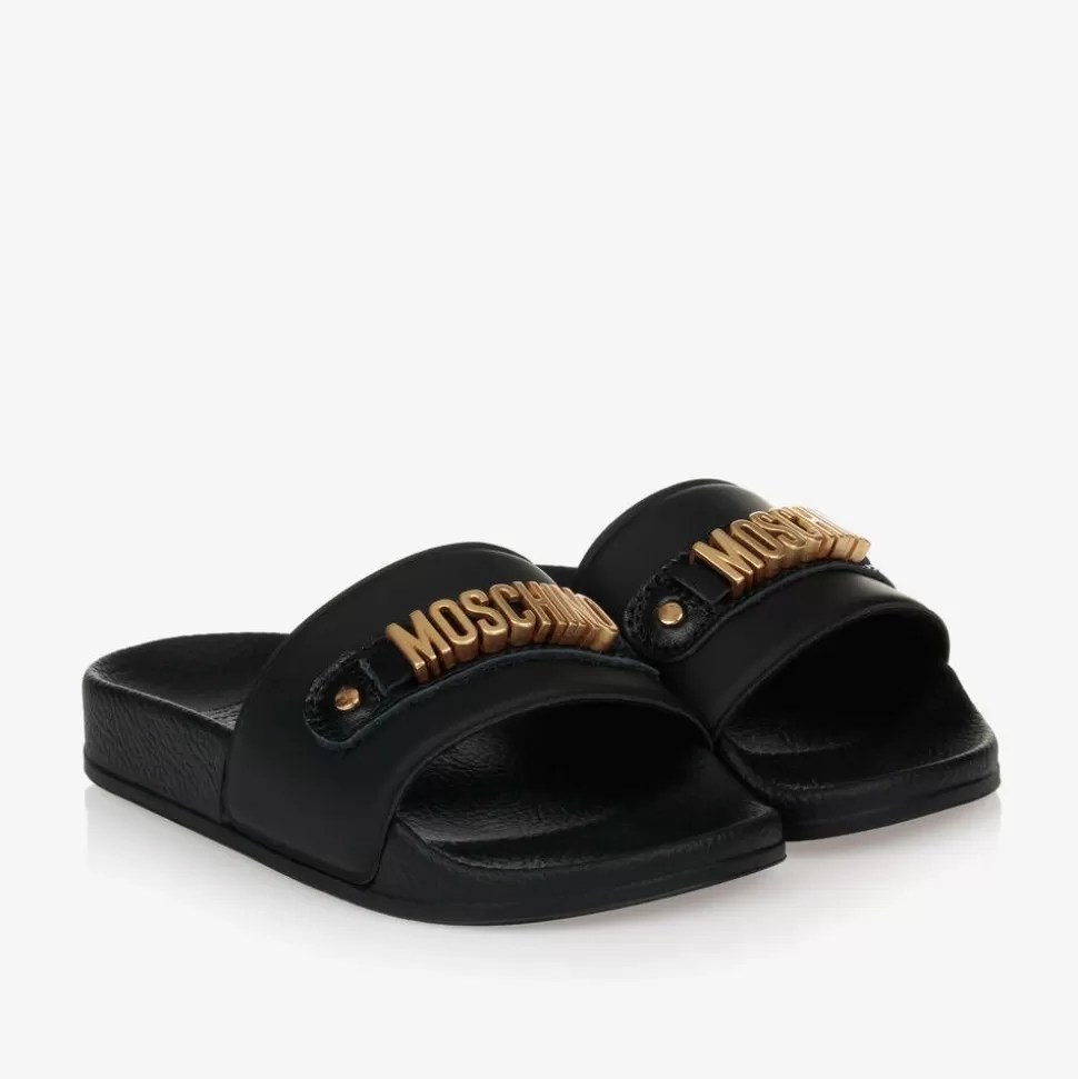Moschino Kid-Teen Black & Gold Metal Logo Sliders^BOY Sliders | Sliders