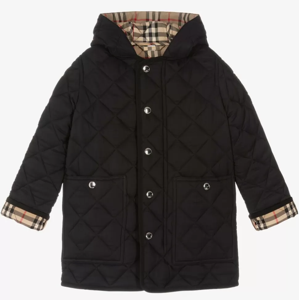 Burberry Black Button Up Quilted Long Coat^BOY Coats & Jackets