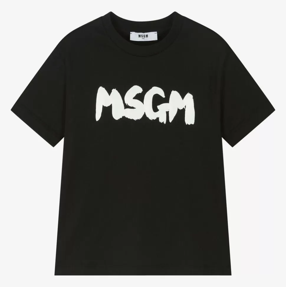 MSGM Black Cotton Brushstroke Logo T-Shirt^ Tops