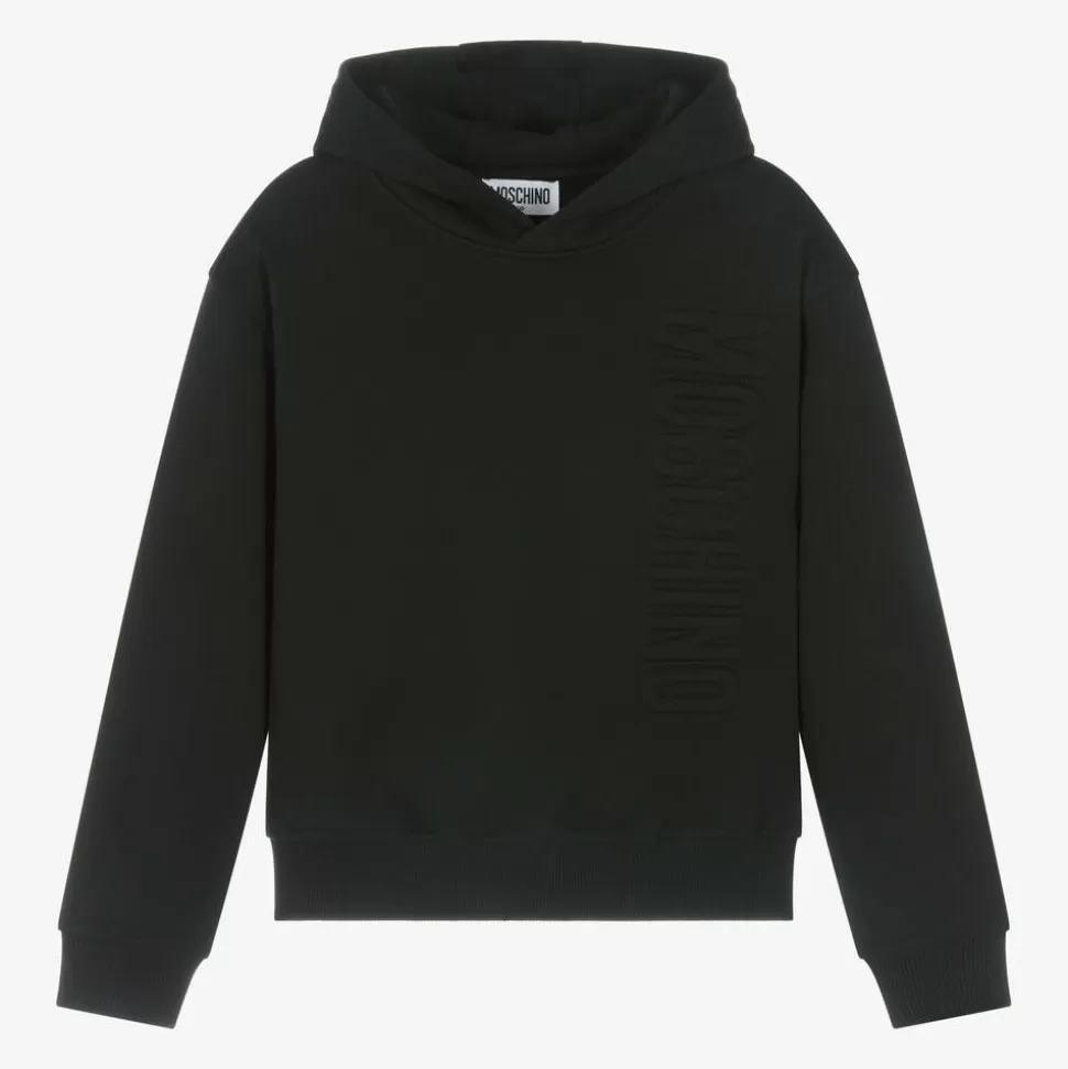 Moschino Kid-Teen Black Cotton Embossed Logo Hoodie^ Tops