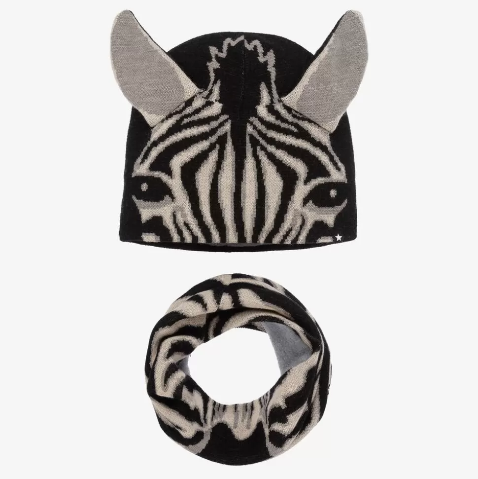 Molo Black Wool Knit Zebra Hat & Snood Set^ Hats