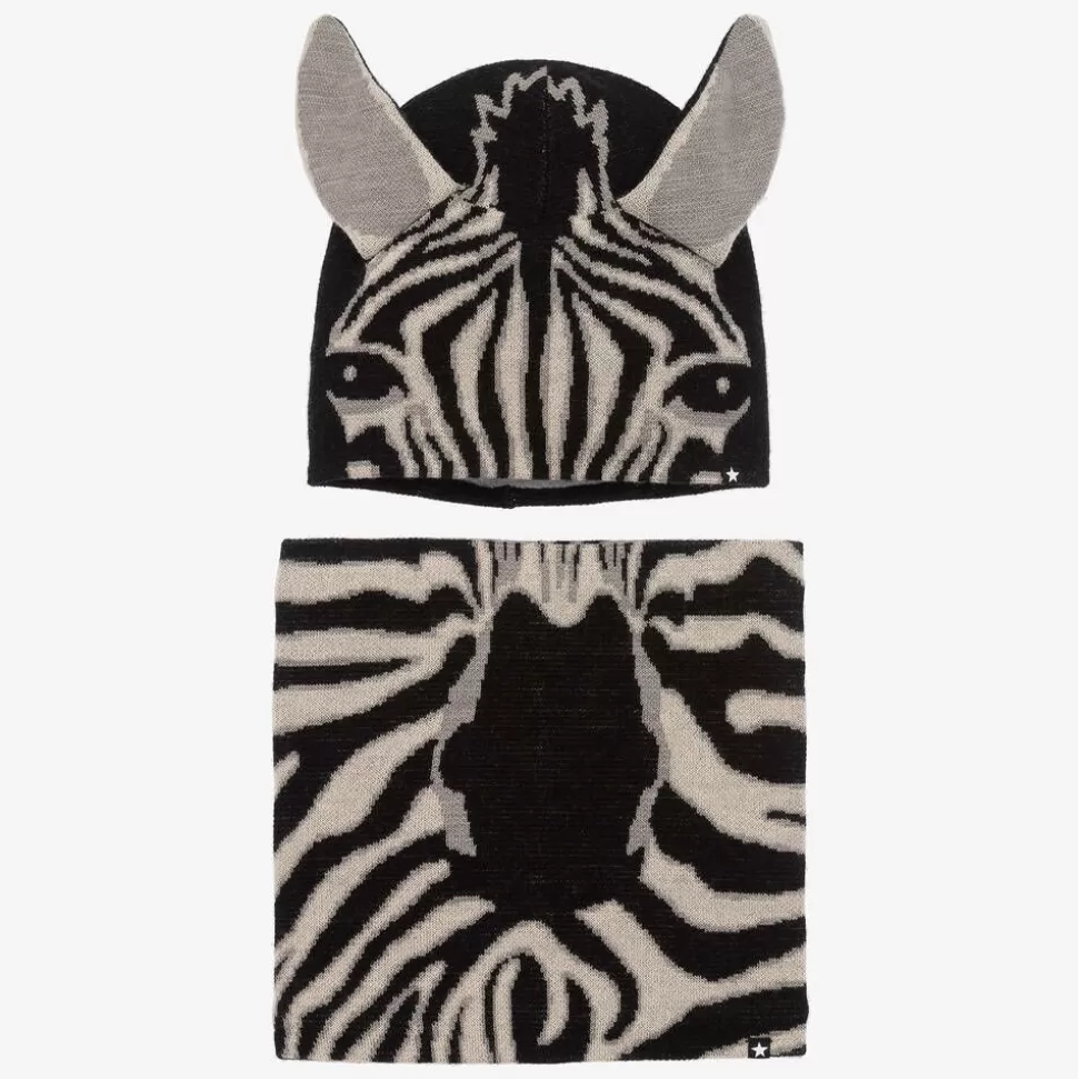 Molo Black Wool Knit Zebra Hat & Snood Set^ Hats