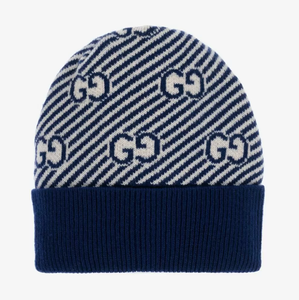 Gucci Blue & Ivory GG Wool Baby Hat^ Hats