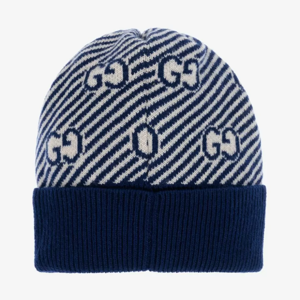 Gucci Blue & Ivory GG Wool Baby Hat^ Hats