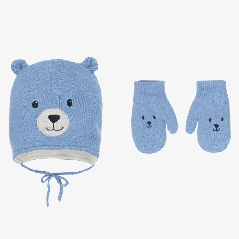 Mayoral Blue Cotton Bear Hat & Mittens Set^BOY Hats | Hats