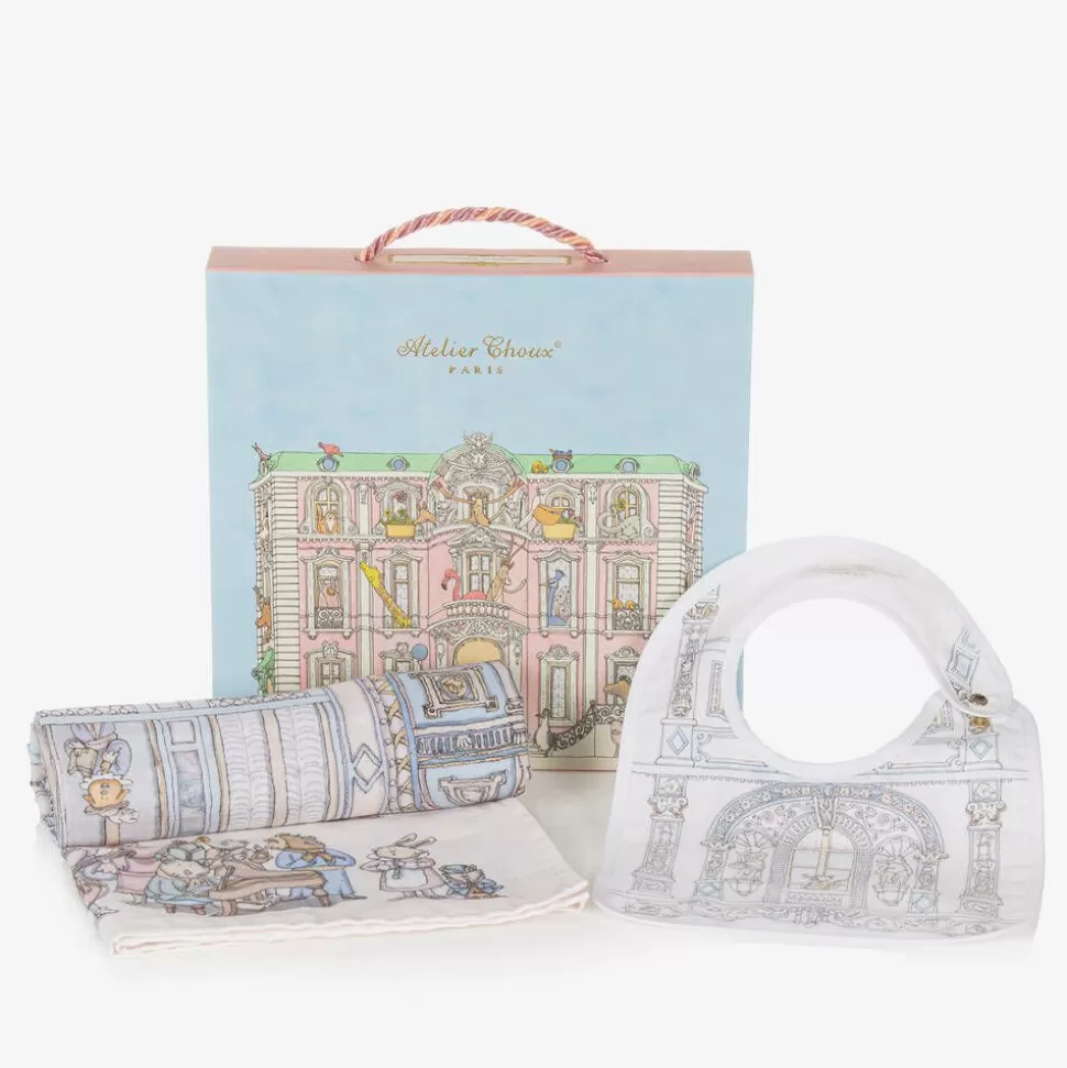 Atelier Choux Paris Blue Organic Cotton Swaddle & Bib Set^ Gifts | Sleeping Accessories