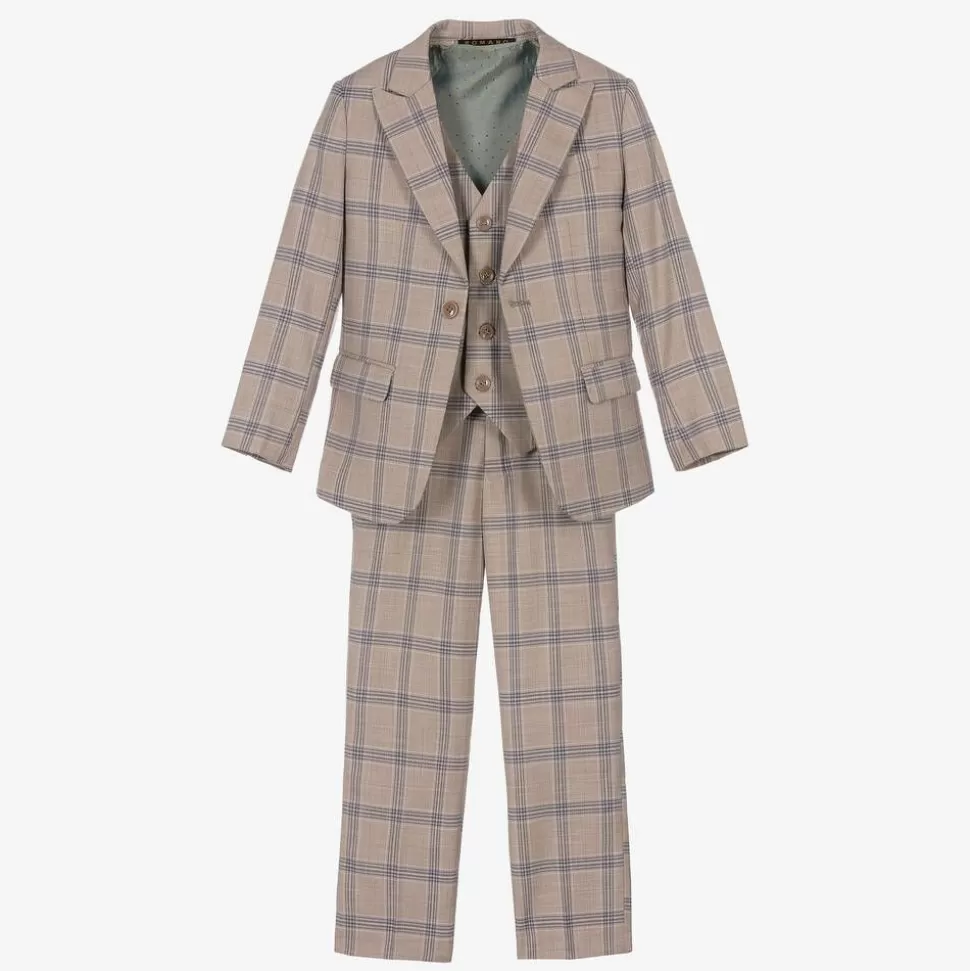Romano Boys Beige & Blue Check Suit^BOY Suits