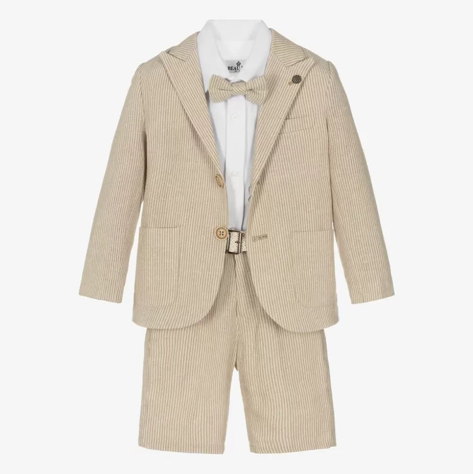 Beau KiD Boys Beige Cotton Stripe Shorts Suit^ Suits