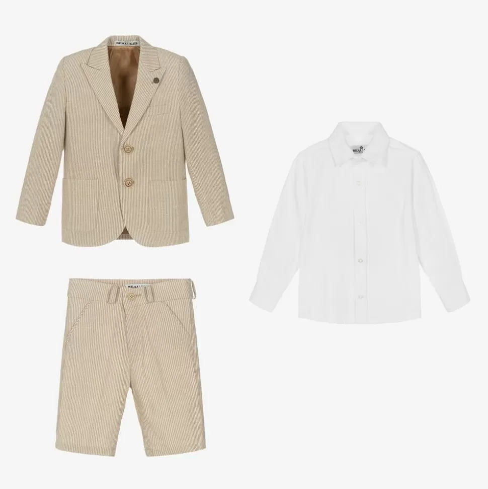 Beau KiD Boys Beige Cotton Stripe Shorts Suit^ Suits