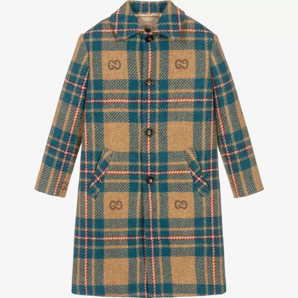 Gucci Boys Blue & Beige GG Check Wool Coat^BOY Coats & Jackets