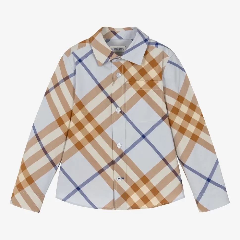 Burberry Boys Blue Check Cotton Shirt^BOY Tops
