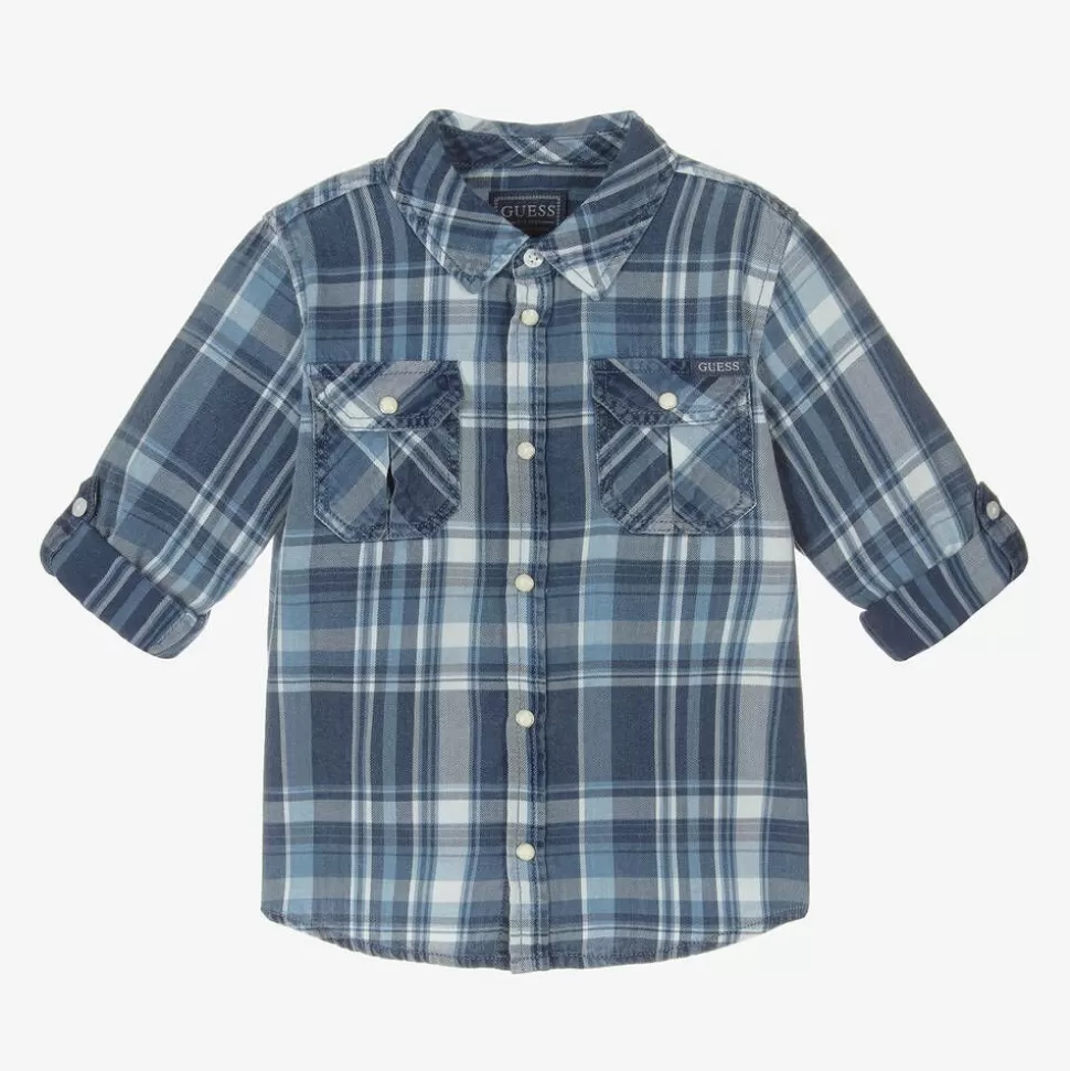 Guess Boys Blue Check Cotton Twill Shirt^BOY Tops