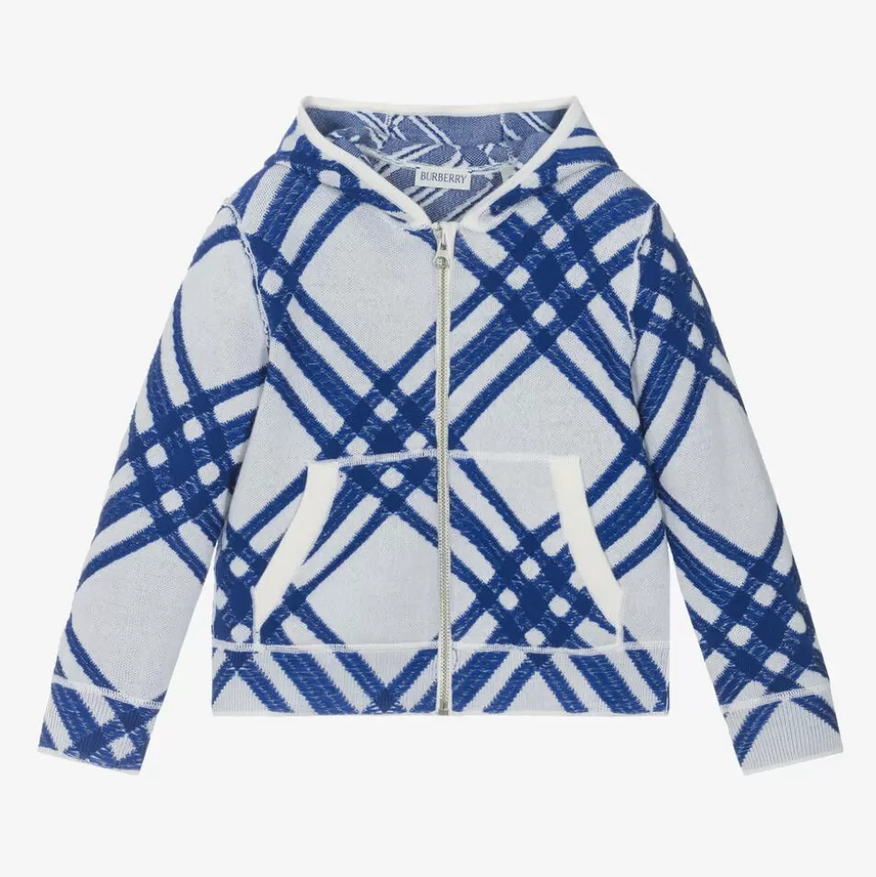 Burberry Boys Blue Check Wool Zip-Up Hoodie^BOY Tops