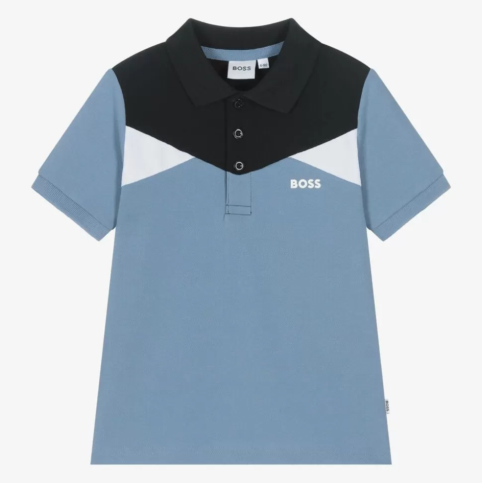 BOSS Boys Blue Colour Block Cotton Polo Shirt^BOY Tops