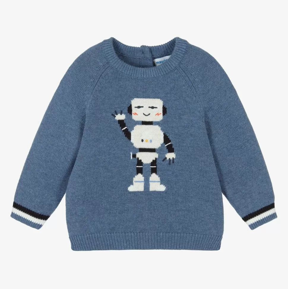 Mayoral Boys Blue Cotton & Wool Knit Robot Sweater^BOY Tops