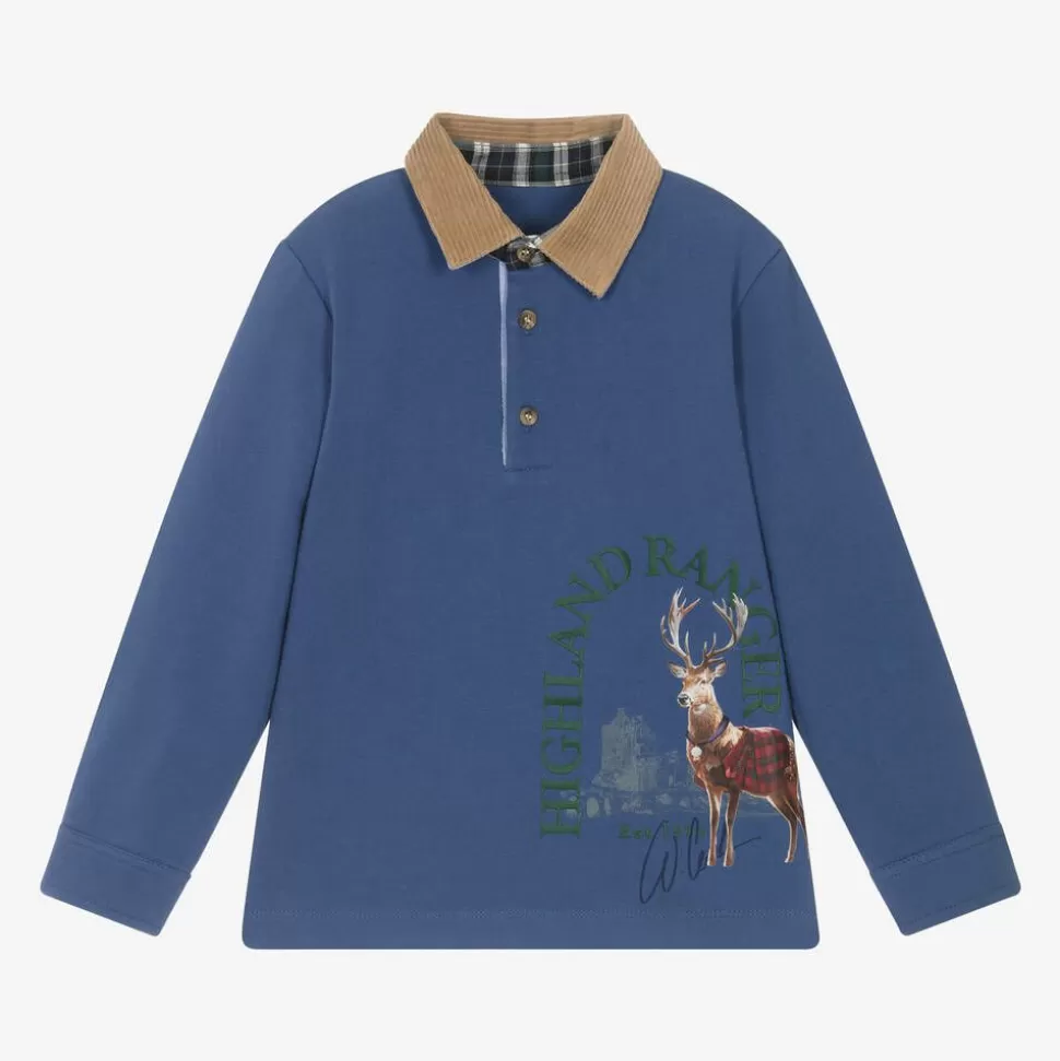 Lapin House Boys Blue Cotton Deer Print Polo Shirt^BOY Tops