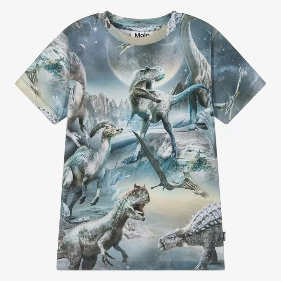 Molo Boys Blue Cotton Dinosaur Print T-Shirt^BOY Tops