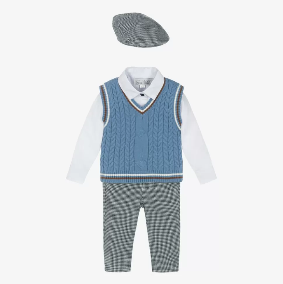 Beau KiD Boys Blue Cotton Dogtooth Trouser Set^BOY Outfit Sets