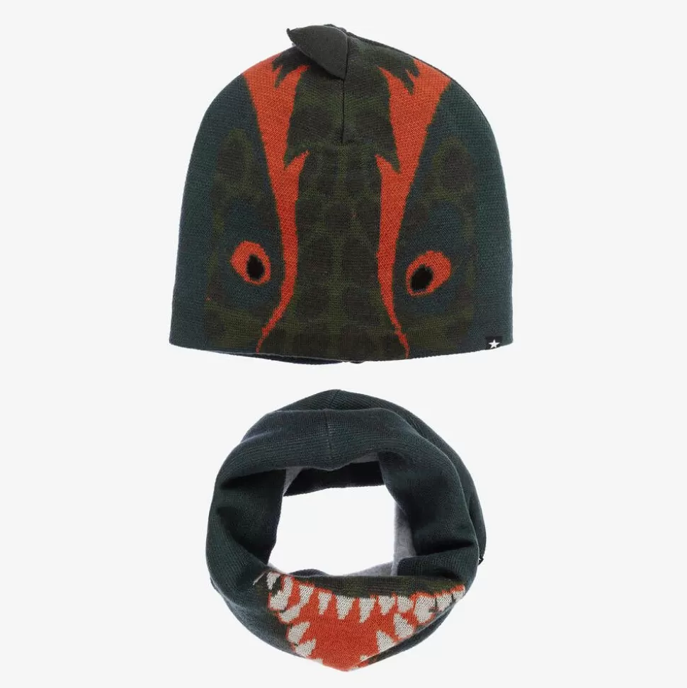 Molo Boys Green Knit Dinosaur Hat & Snood Set^ Hats