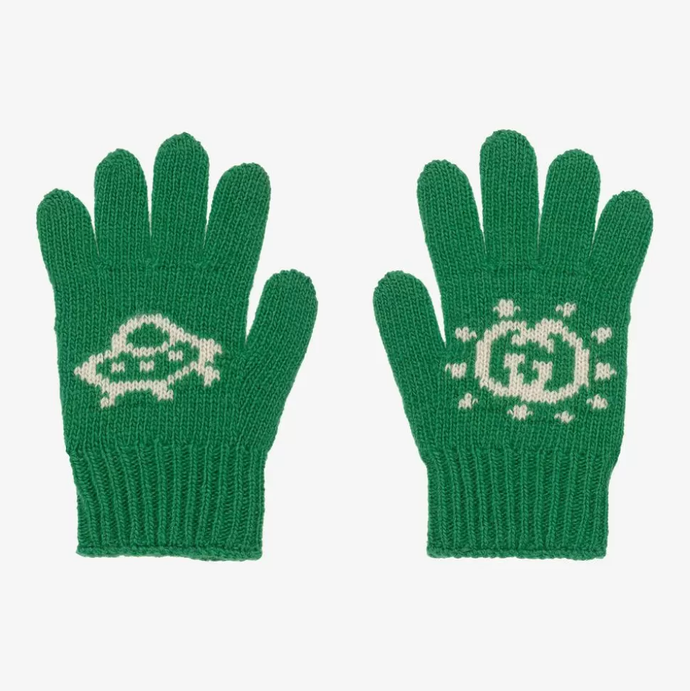 Gucci Boys Green Wool Interlocking G Gloves^BOY Gloves & Mittens