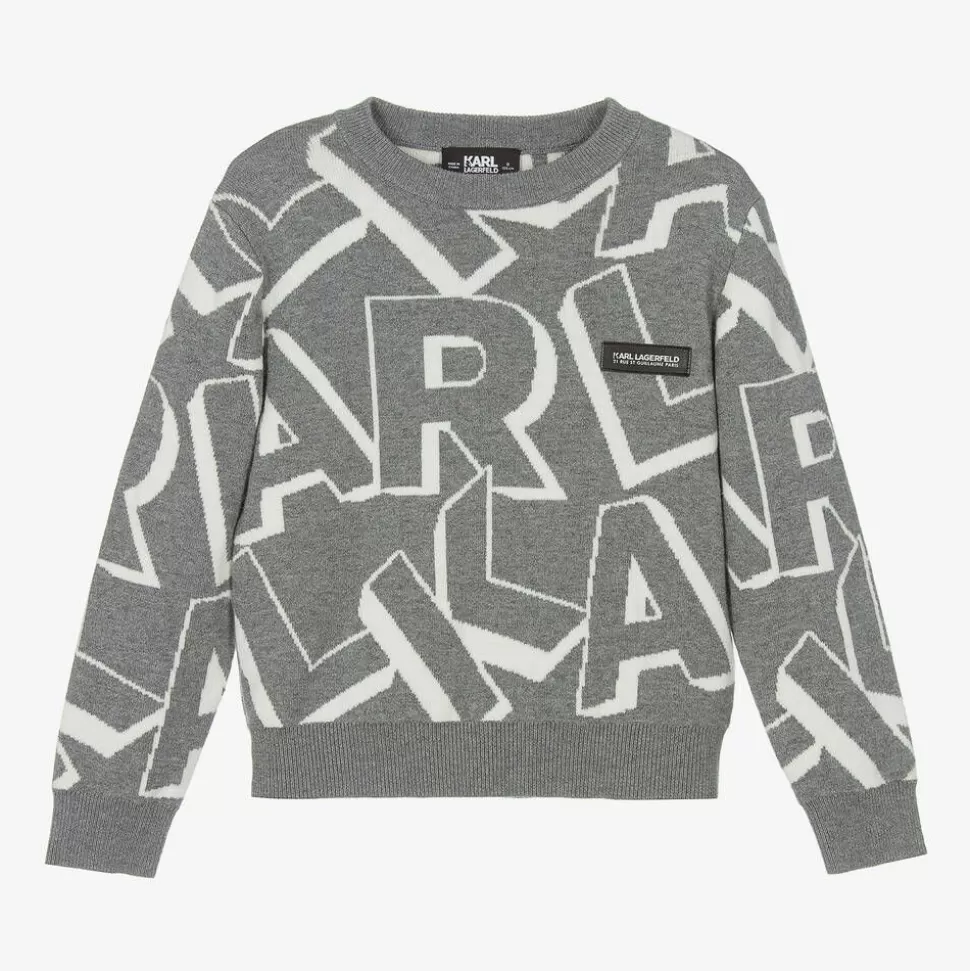 KARL LAGERFELD KIDS Boys Grey Cotton & Wool Knit Sweater^BOY Tops