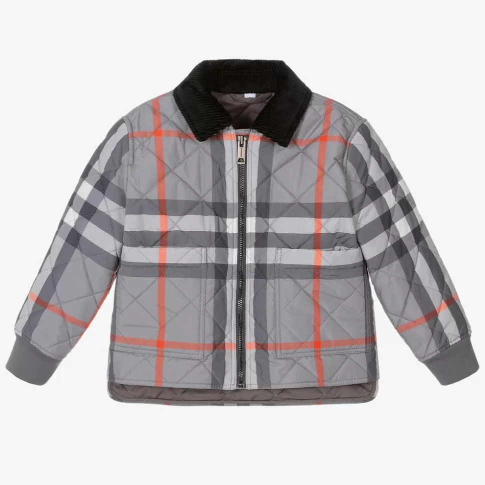 Burberry Boys Grey Oversized Check Quilted Jacket^BOY Coats & Jackets