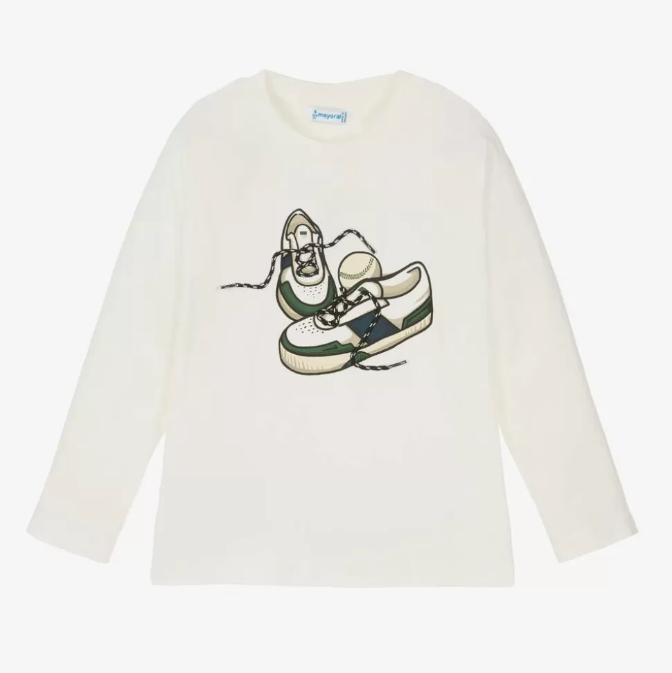 Mayoral Boys Ivory Trainer Print Cotton Top^BOY Tops