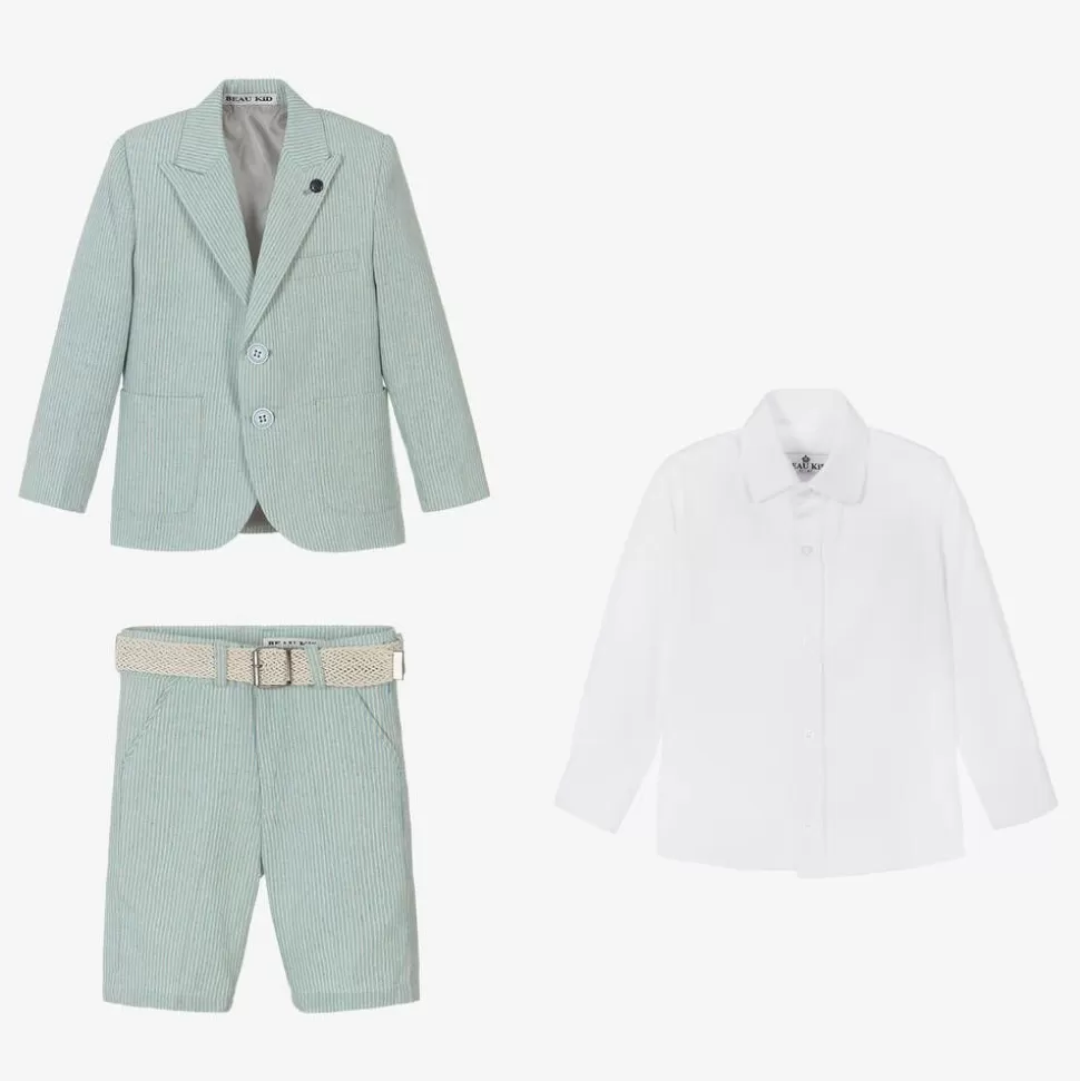 Beau KiD Boys Mint Blue Cotton Stripe Shorts Suit^BOY Suits