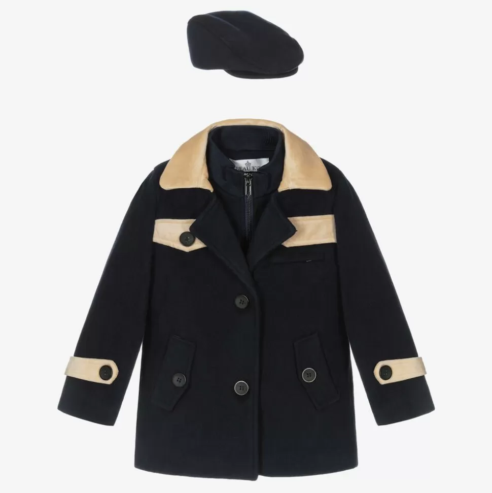 Beau KiD Boys Navy Blue & Beige Coat & Hat Set^BOY Coats & Jackets