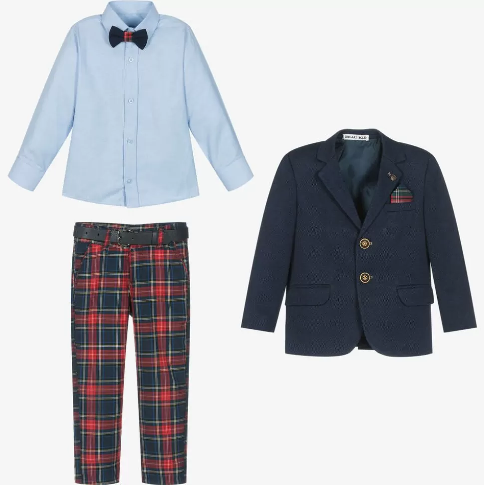 Beau KiD Boys Navy Blue & Red Tartan Suit^BOY Suits