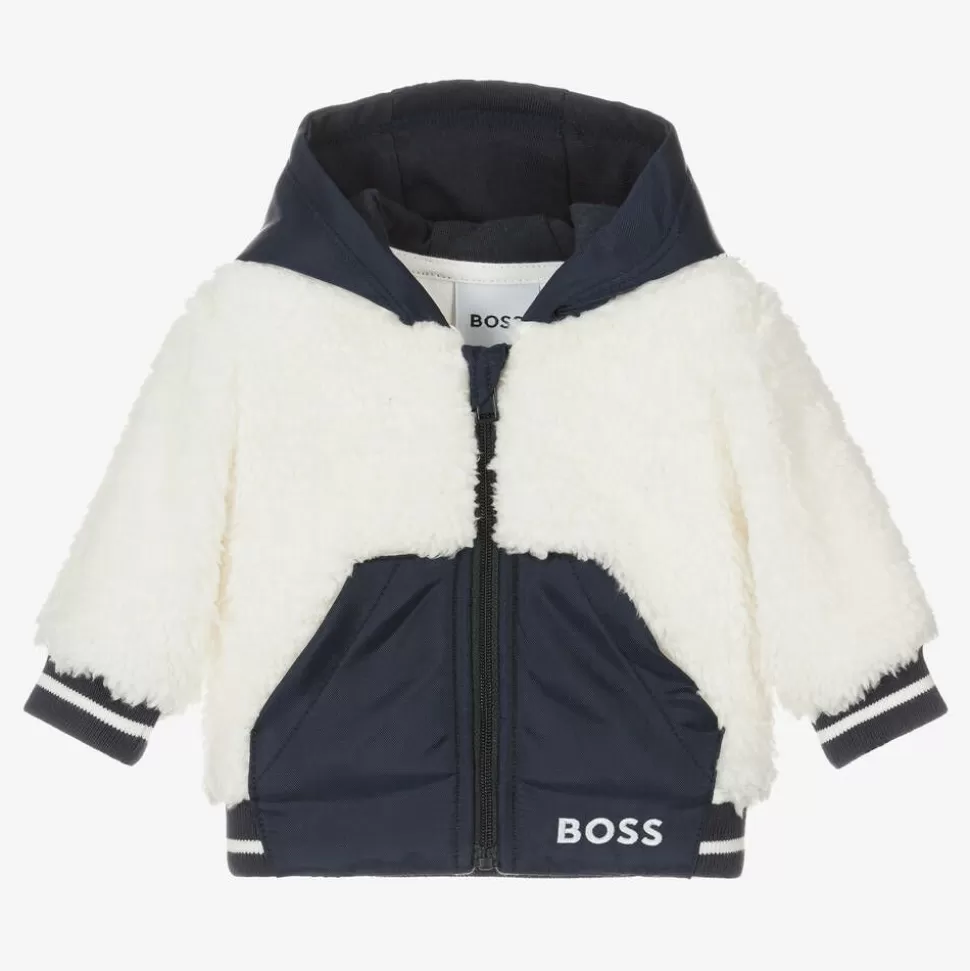 BOSS Boys Navy Blue & White Faux Fur Jacket^BOY Coats & Jackets
