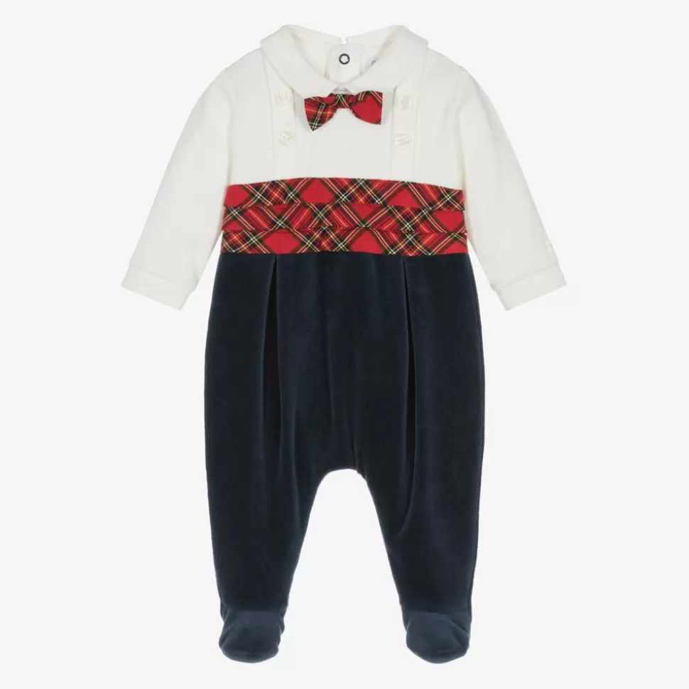 Emile et Rose Boys Navy Blue Velour Tartan Babygrow^ Babysuits