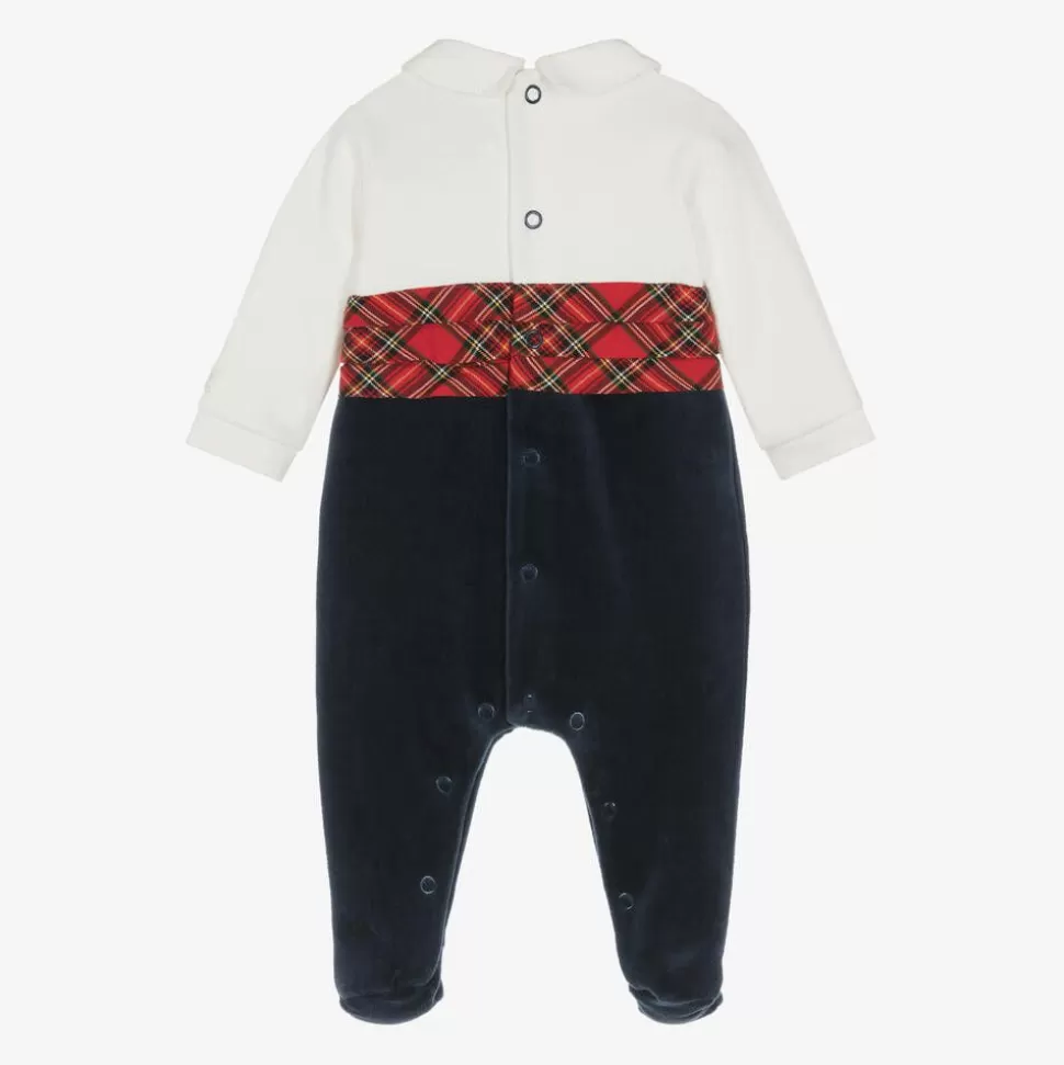 Emile et Rose Boys Navy Blue Velour Tartan Babygrow^ Babysuits