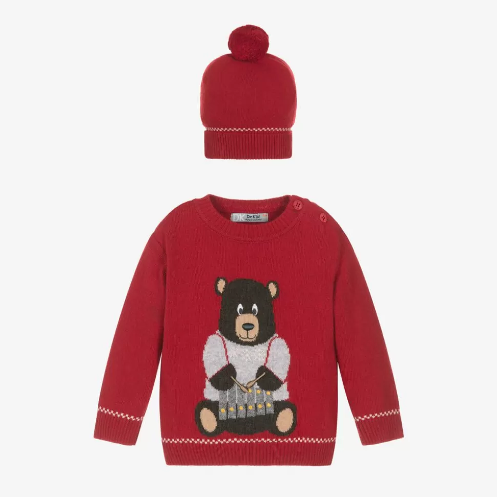 Dr. Kid Boys Red Knitted Bear Sweater & Hat Set^BOY Tops