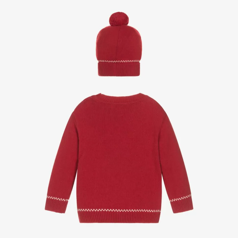 Dr. Kid Boys Red Knitted Bear Sweater & Hat Set^BOY Tops