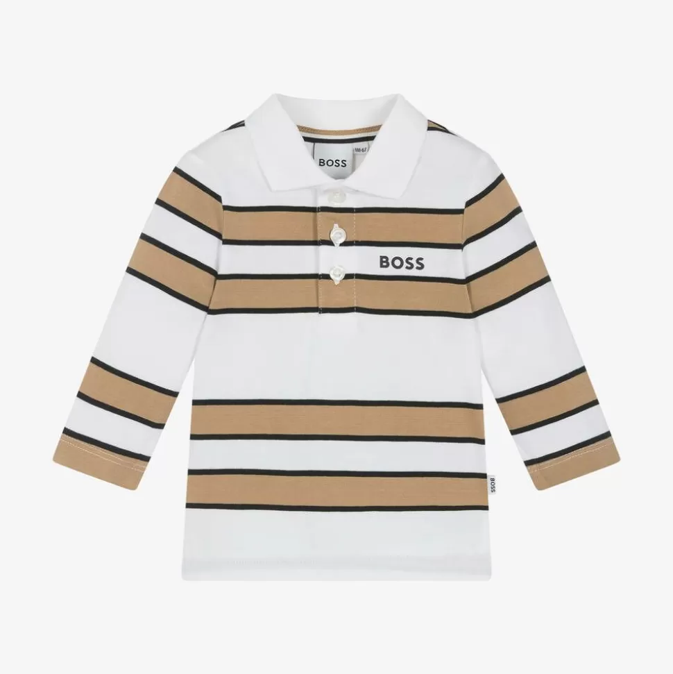 BOSS Boys White & Beige Striped Cotton Polo Shirt^BOY Tops