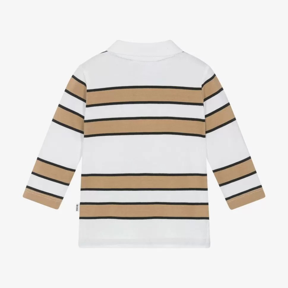 BOSS Boys White & Beige Striped Cotton Polo Shirt^BOY Tops