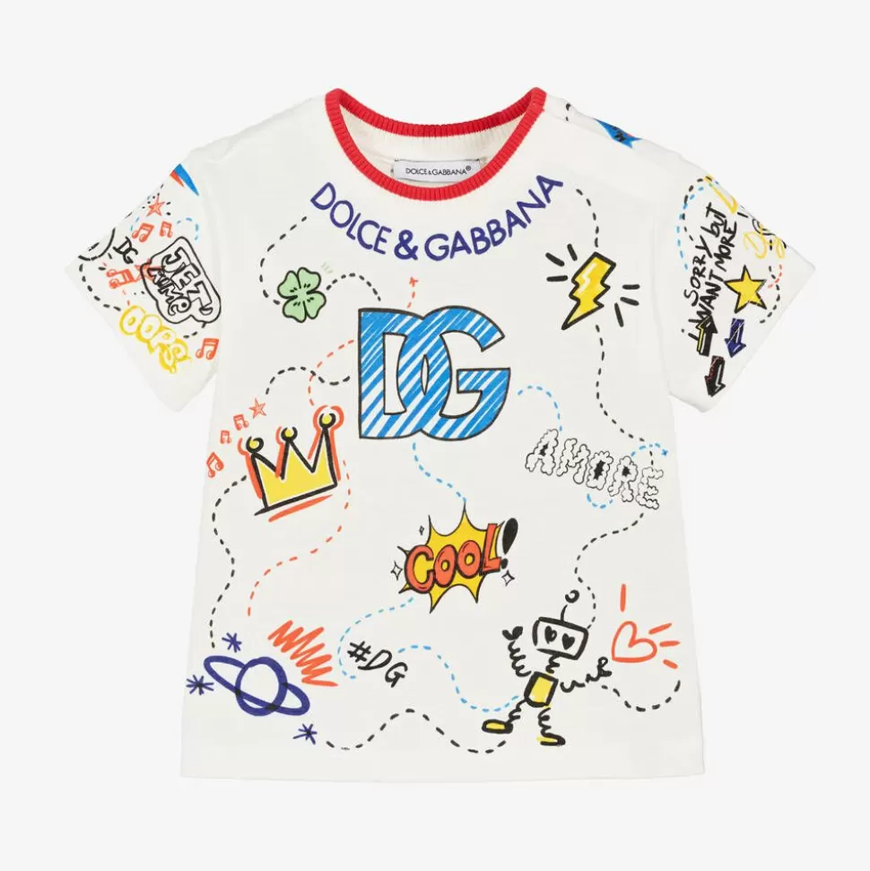 Dolce amp; Gabbana Boys White Cotton Graphic Print T-Shirt^BOY Tops