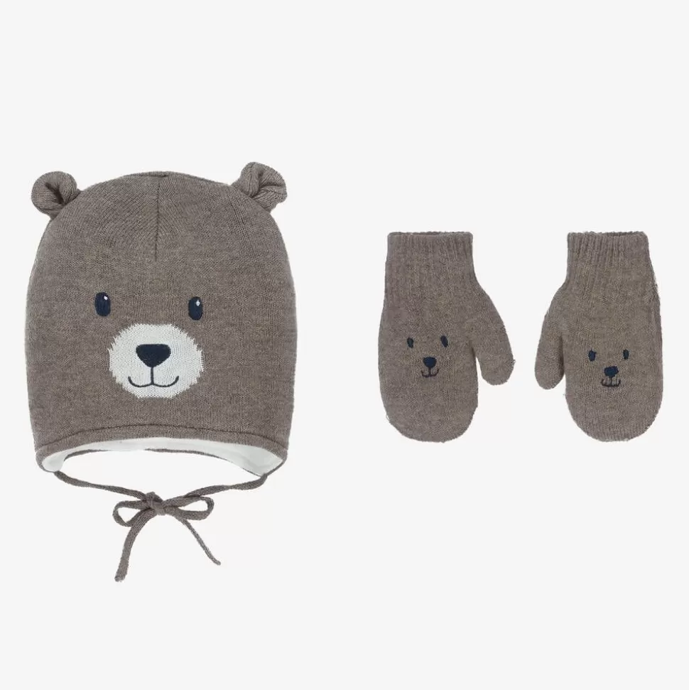 Mayoral Brown Cotton Bear Hat & Mittens Set^ Hats