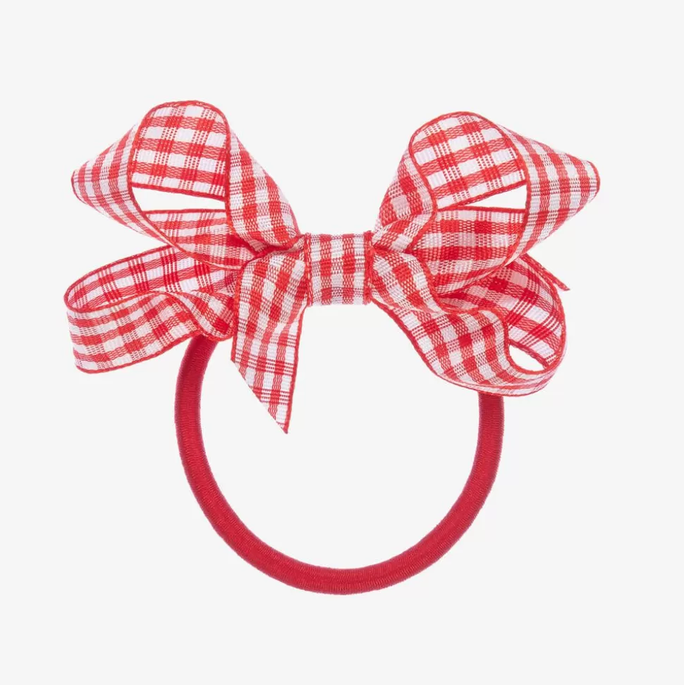 Peach Ribbons Gingham Bow Hair Elastic (7cm)^ Hair Accessories