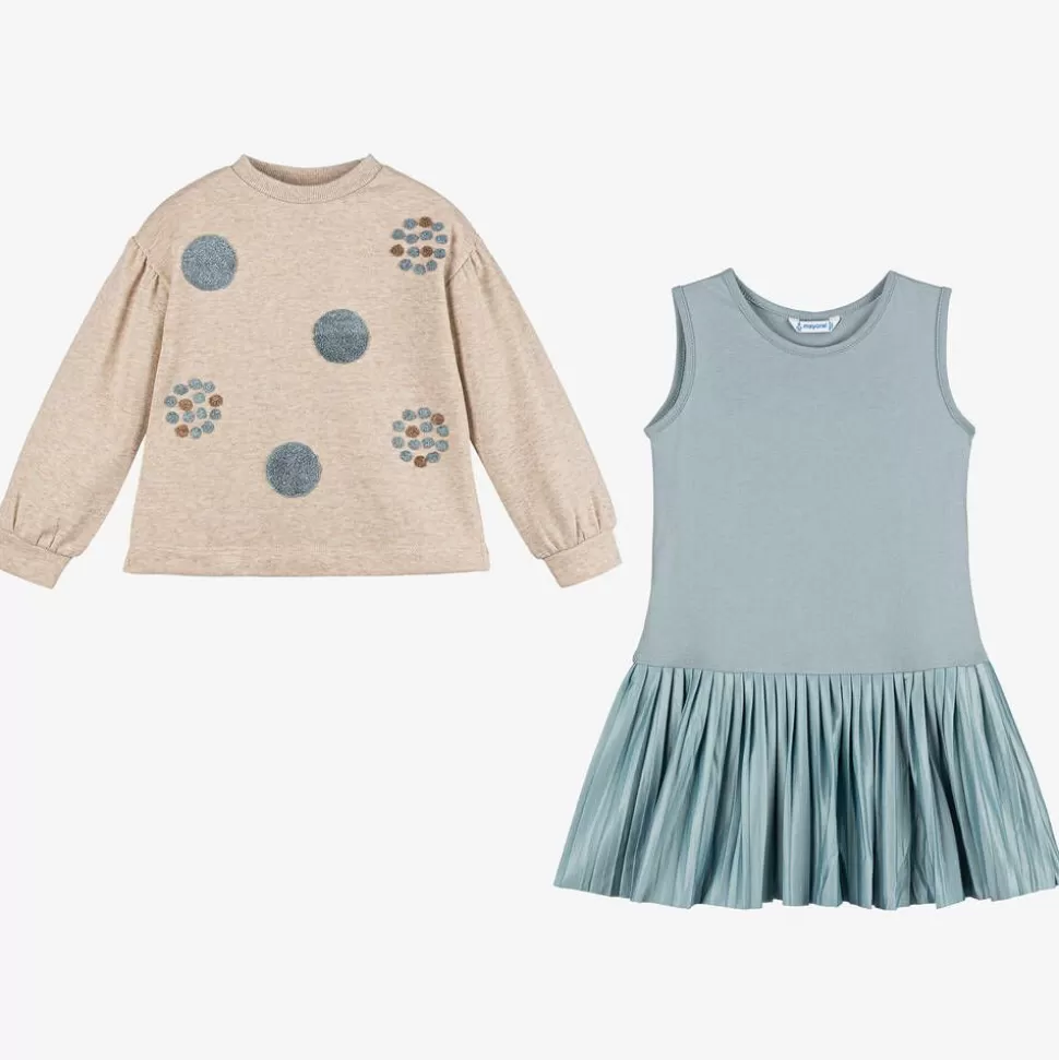 Mayoral Girls Beige & Blue Dress Set^ Dresses