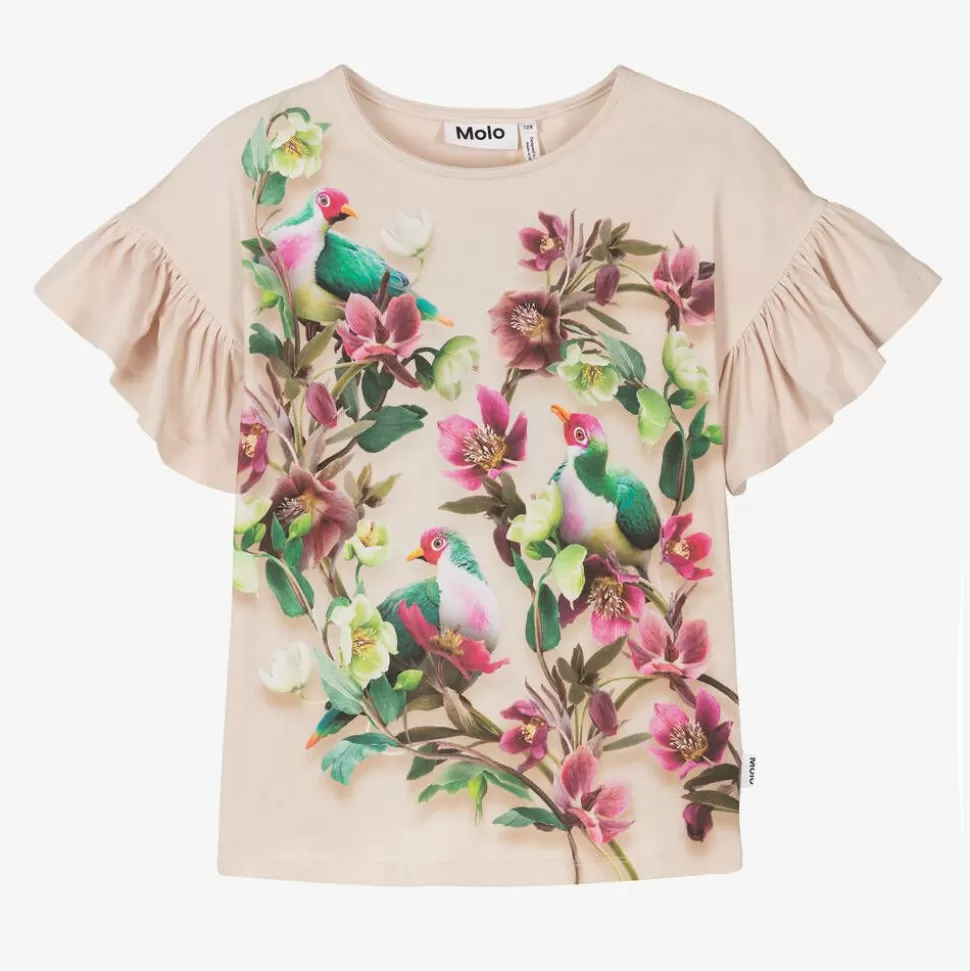 Molo Girls Beige Cotton Floral Dove T-Shirt^ Tops