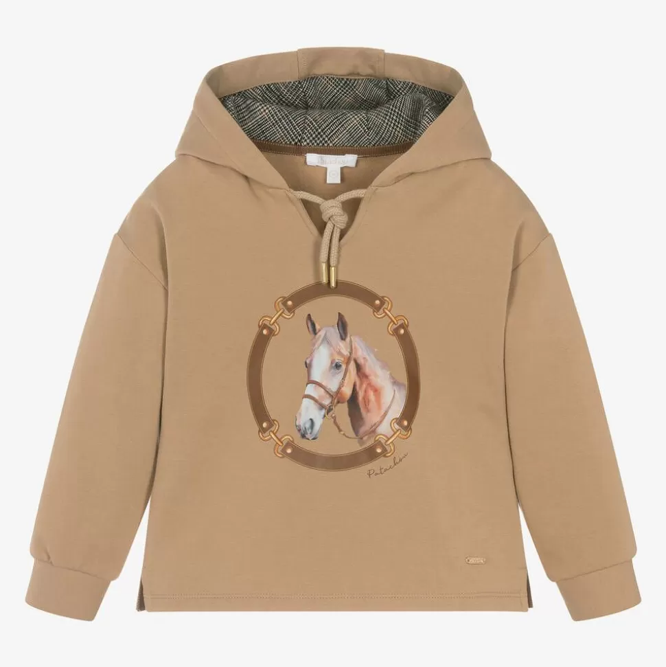 Patachou Girls Beige Cotton Horse Print Hoodie^ Tops