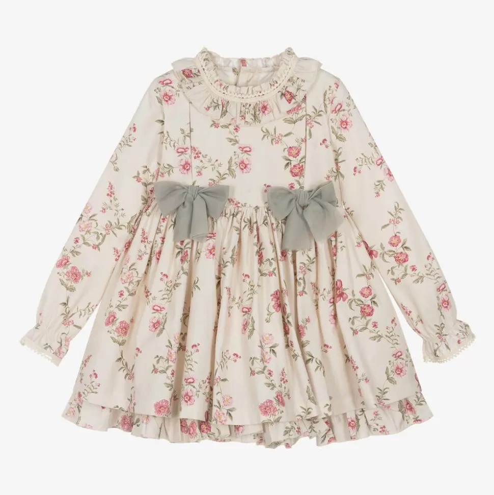 Abuela Tata Girls Beige Floral Print Cotton Dress^ Dresses