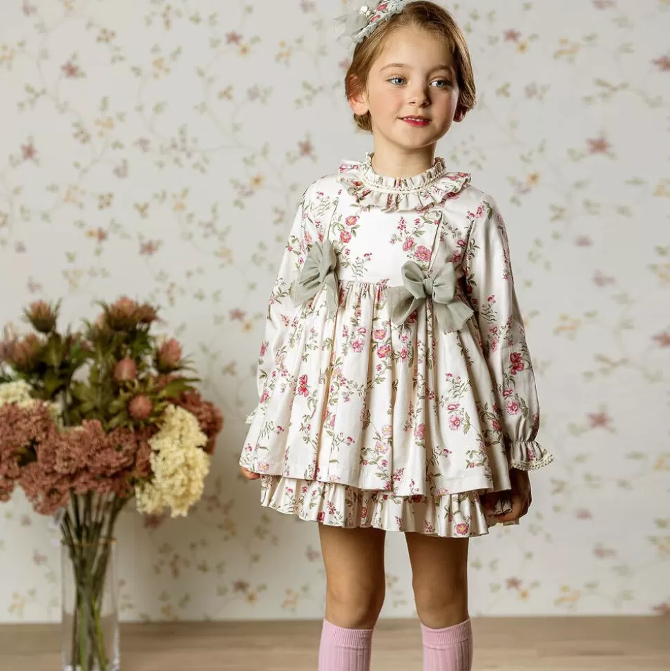 Abuela Tata Girls Beige Floral Print Cotton Dress^ Dresses