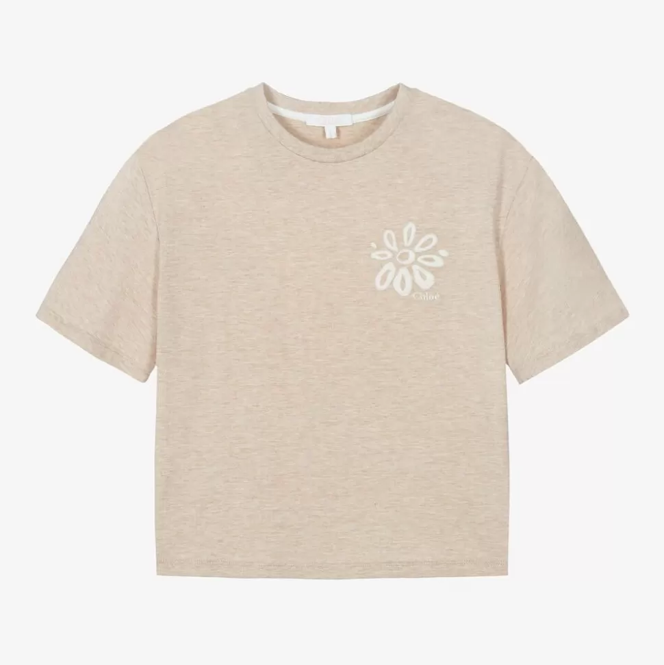 Chloé Girls Beige Organic Cotton Flower T-Shirt^ Tops