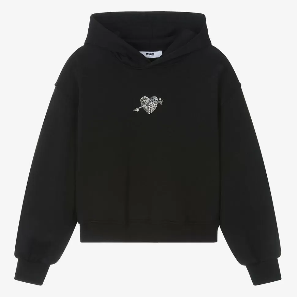 MSGM Girls Black Cotton Diamanté Heart Hoodie^ Tops